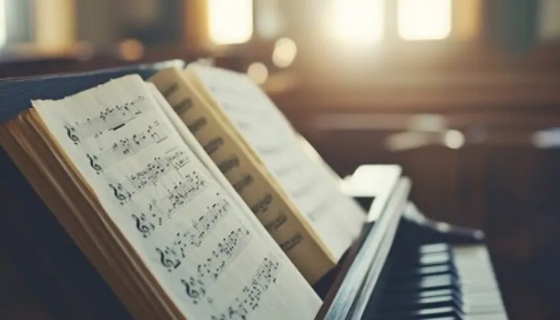 sheet music set up on a piano